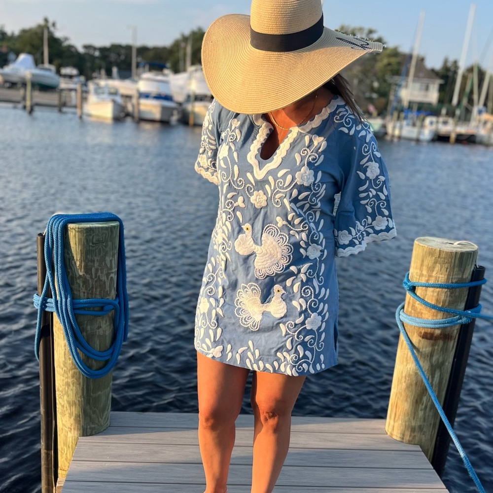 Frances Valentine Linen Peacock Tunic Blue with White Embroidery